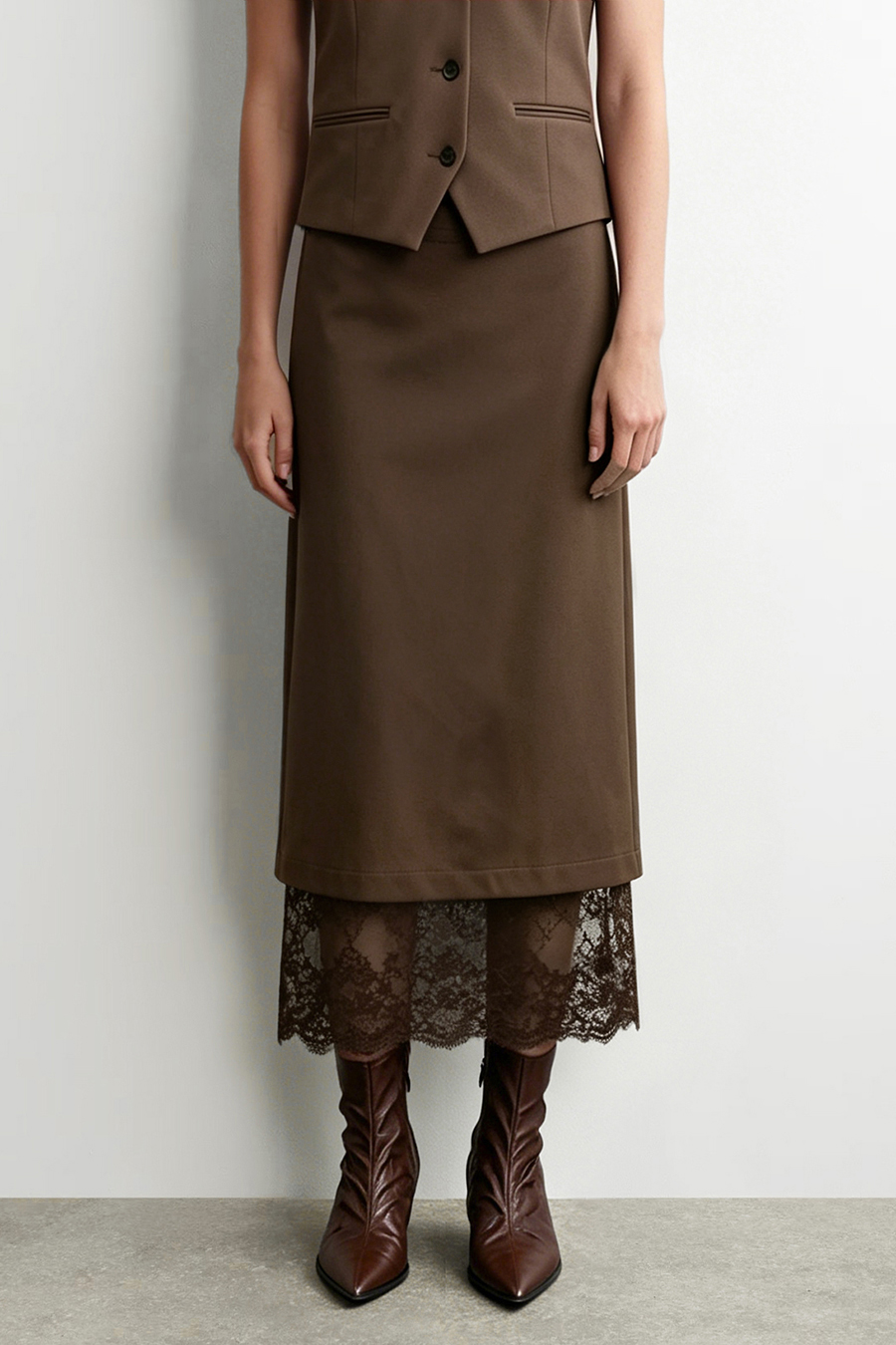 Lace Panel Split Midi Skirt | AMII