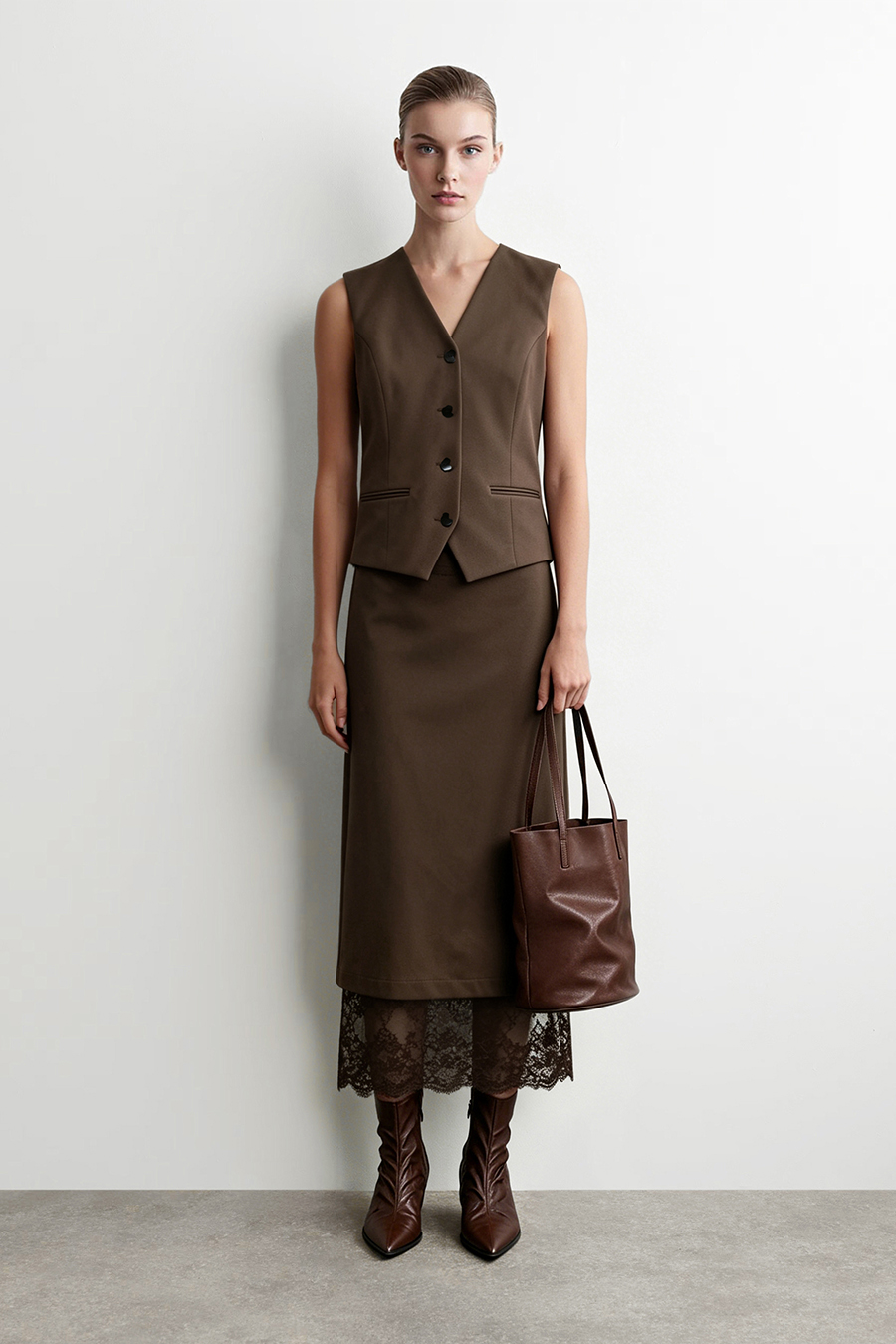 Lace Panel Split Midi Skirt | AMII