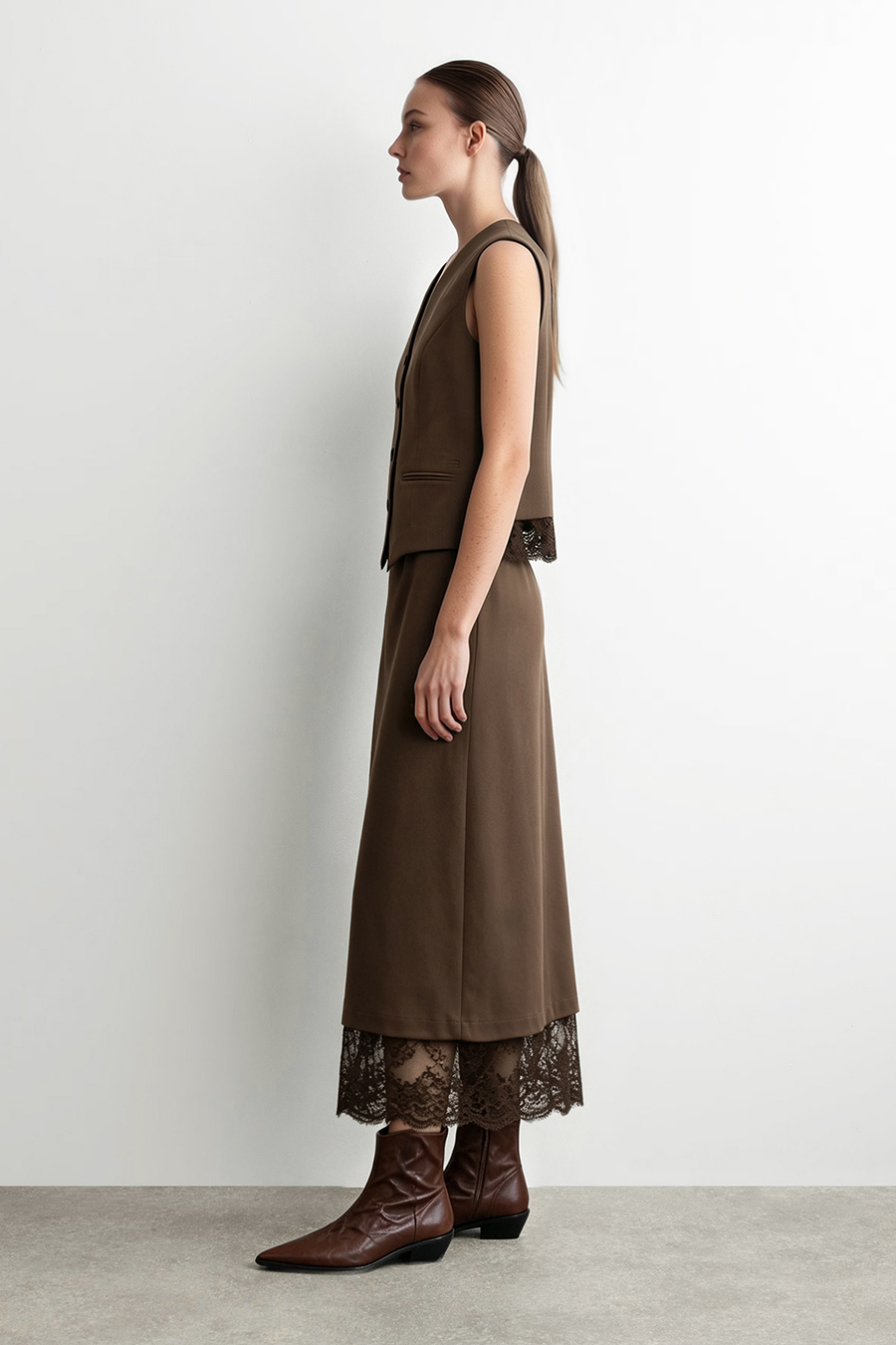 Lace Panel Split Midi Skirt | AMII