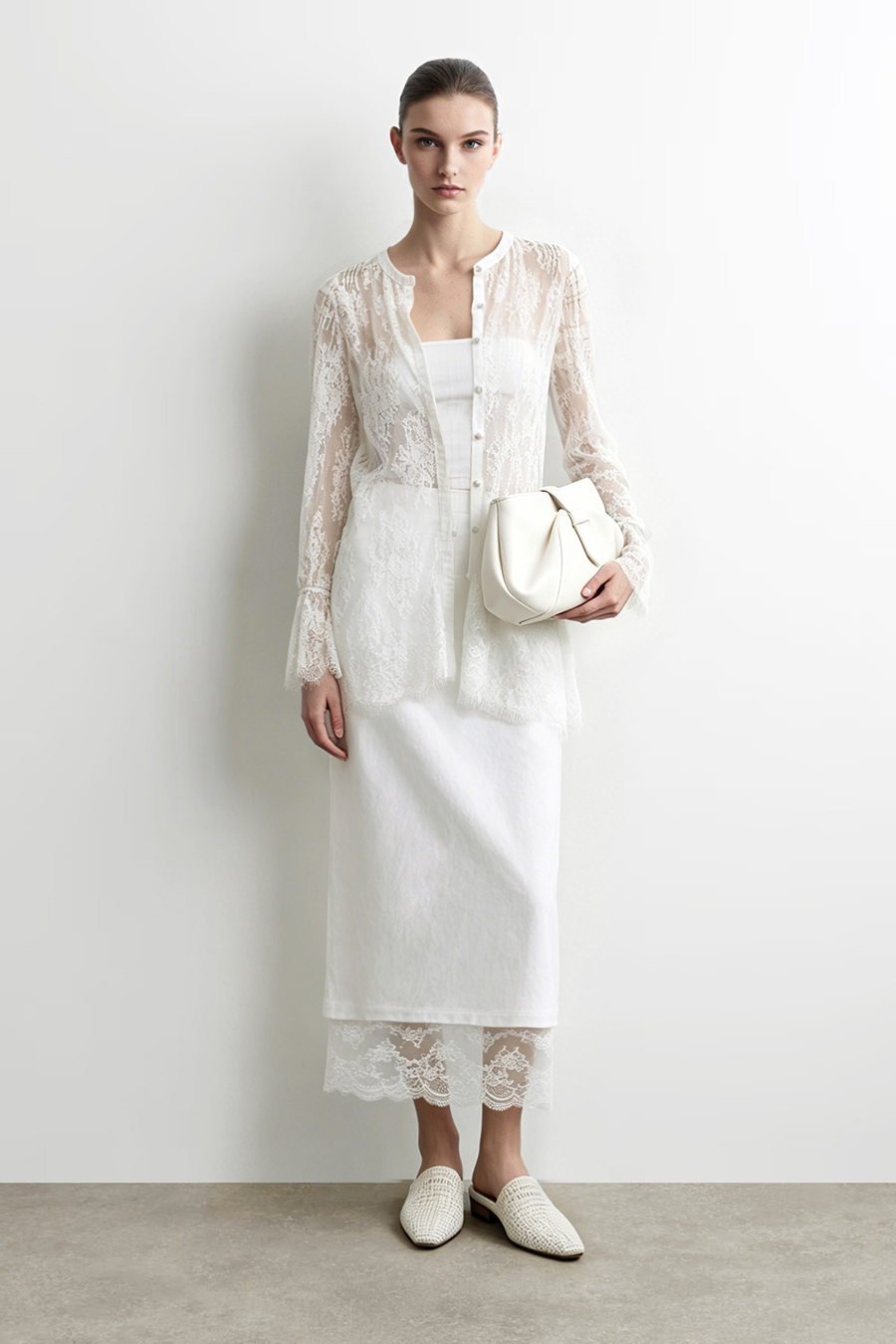 Lace Panel Split Midi Skirt | AMII
