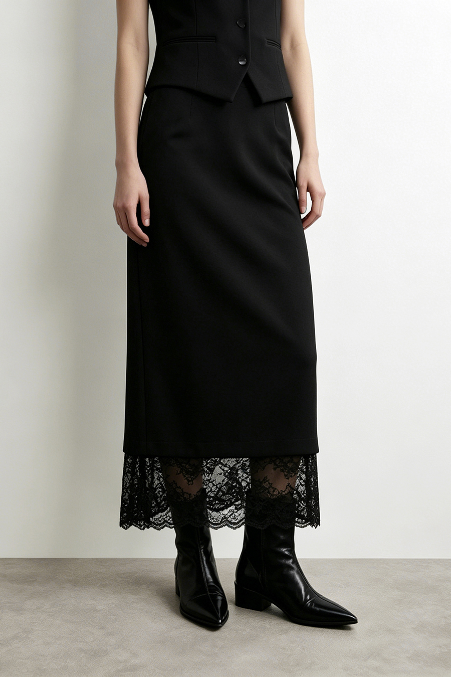 Lace Panel Split Midi Skirt | AMII