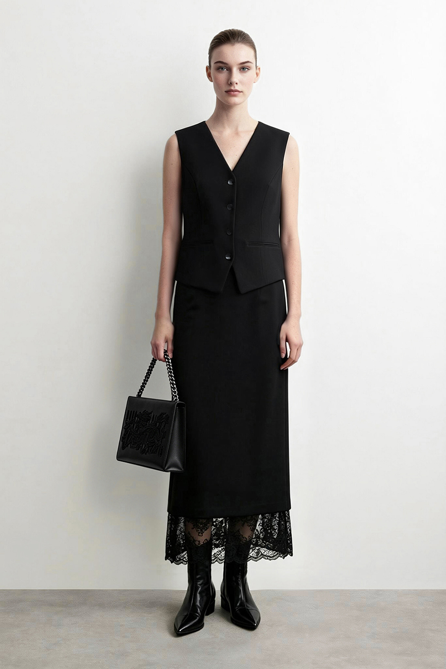 Lace Panel Split Midi Skirt | AMII