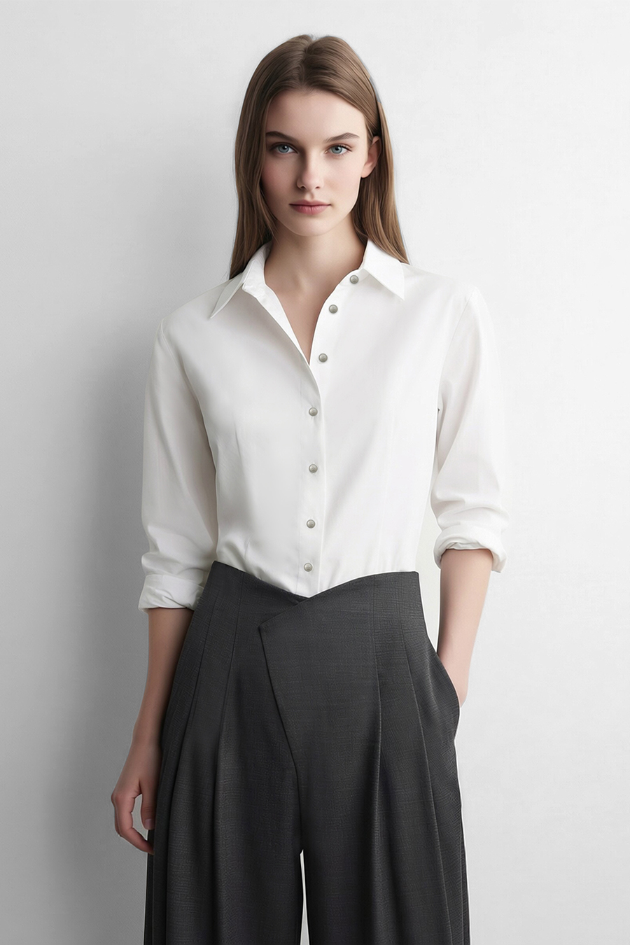 Lapel Shirt with Metal Buttons|AMII