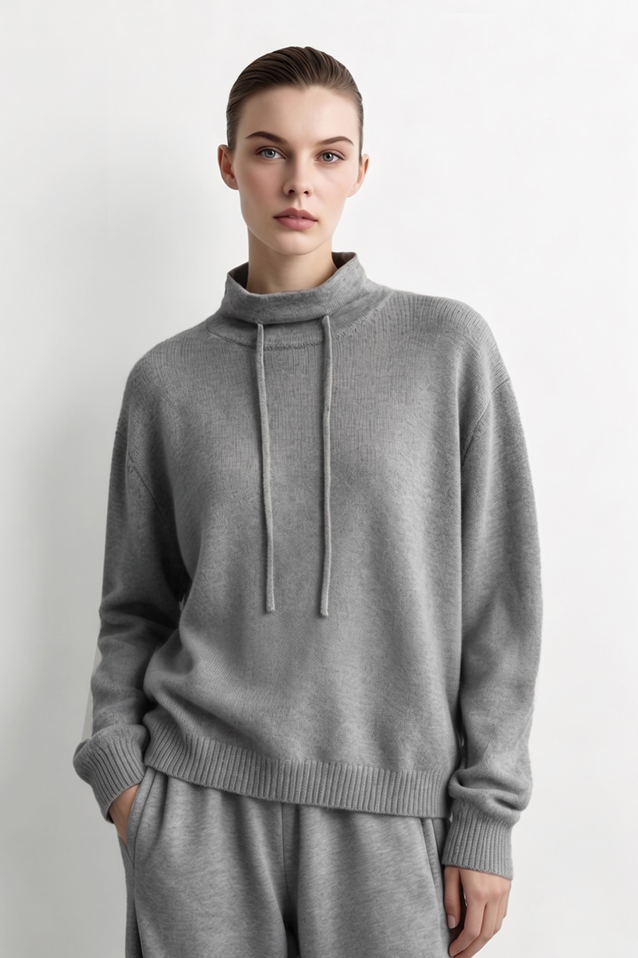 Drawstring High Neck Loose Sweater | AMII