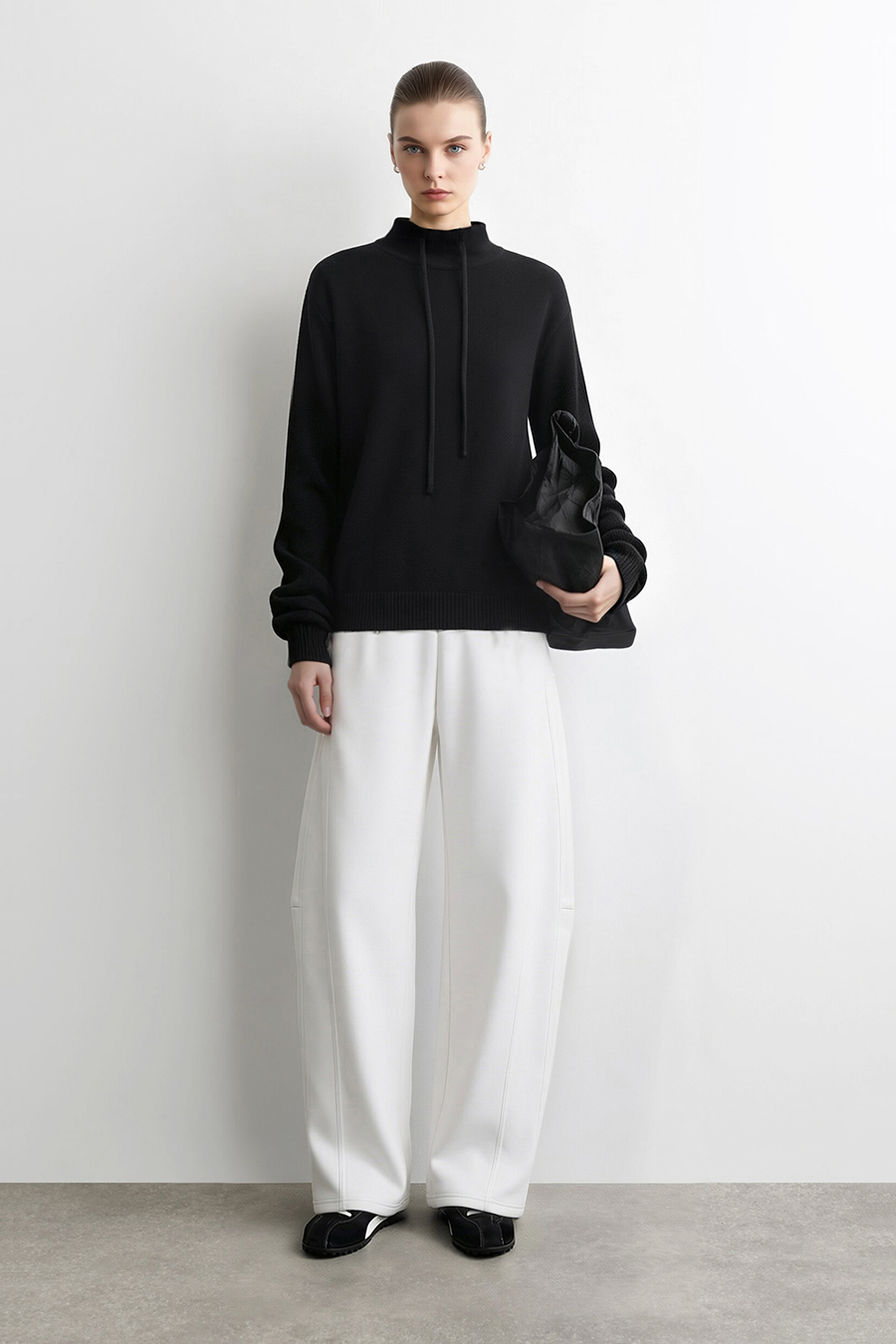 Drawstring High Neck Loose Sweater | AMII