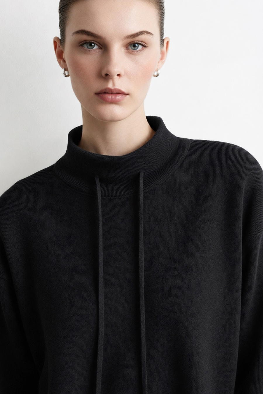 Drawstring High Neck Loose Sweater | AMII