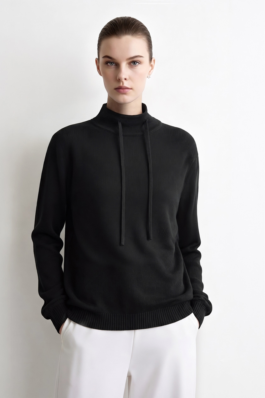 Drawstring High Neck Loose Sweater | AMII