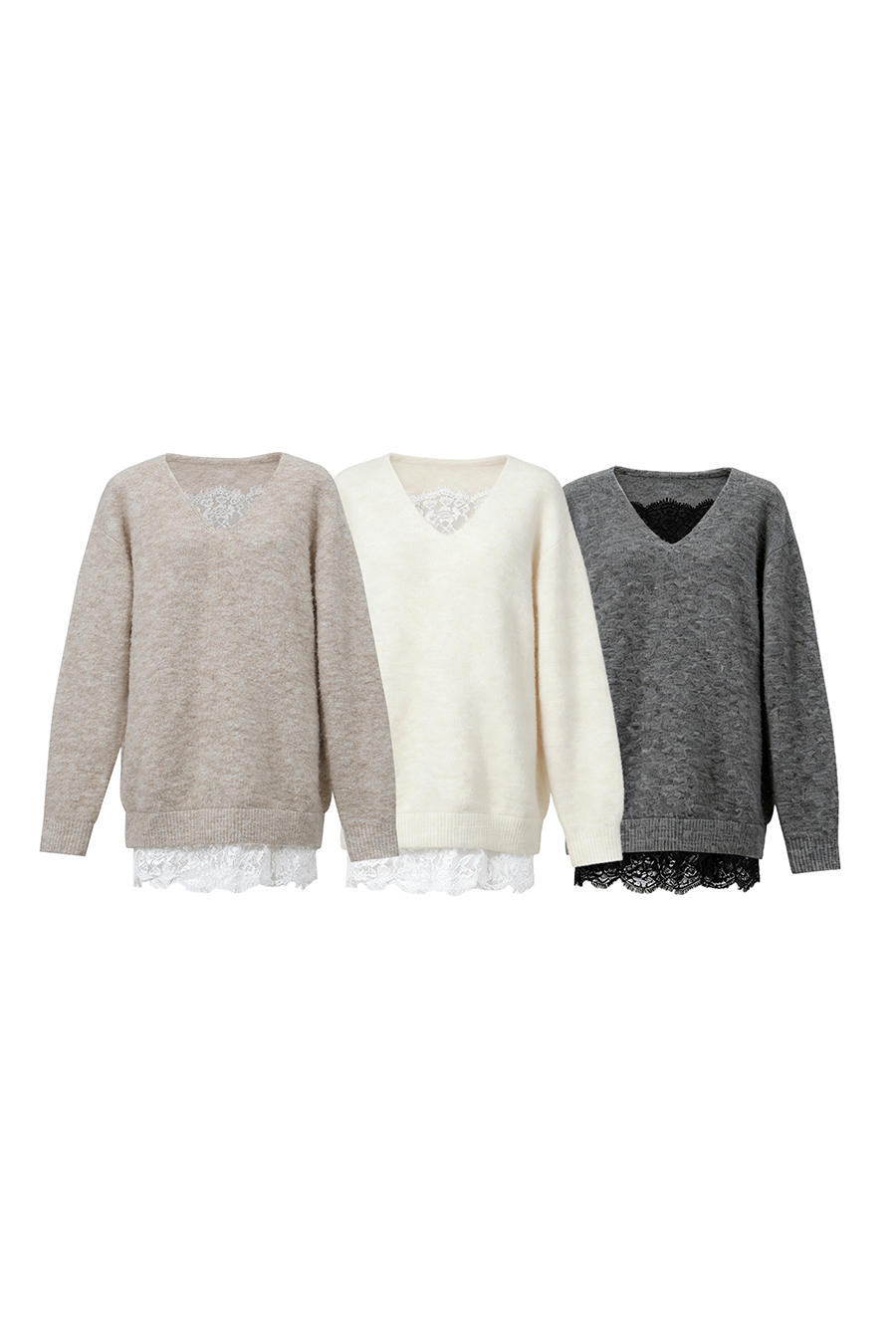 Lace-Paneled Bouclé Yarn Sweater|AMII