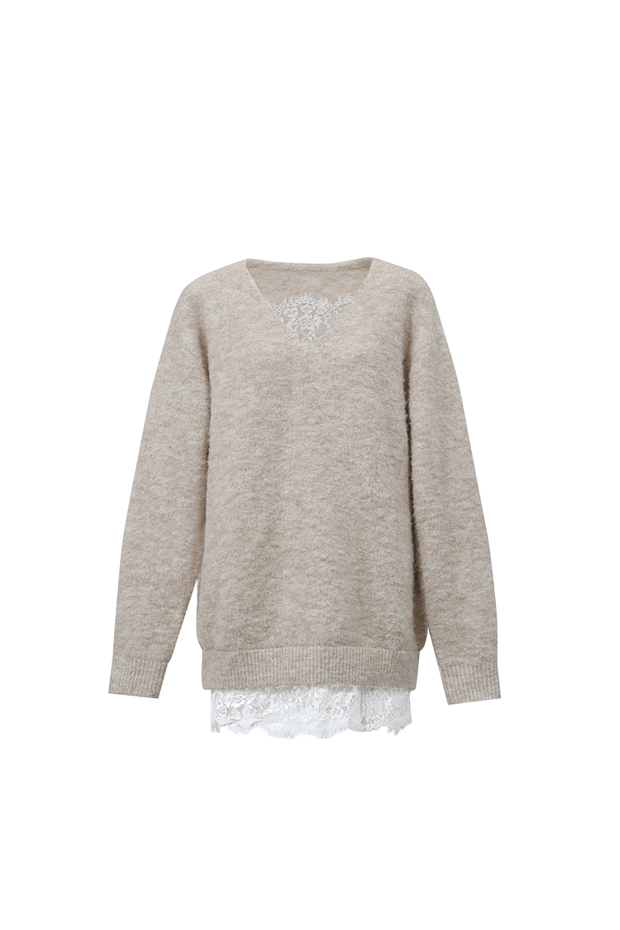 Lace-Paneled Bouclé Yarn Sweater|AMII