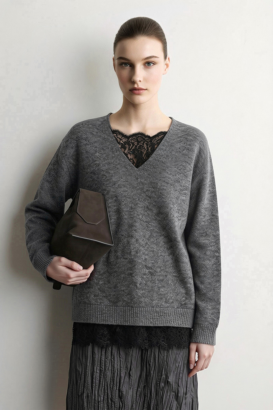 Lace-Paneled Bouclé Yarn Sweater|AMII