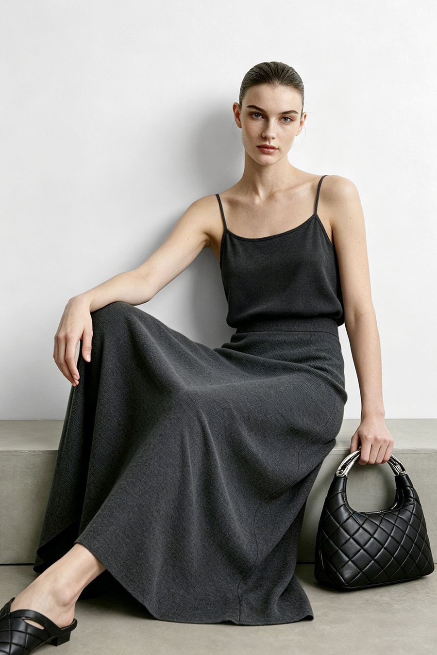 Wide A-Line Knit Midi Skirt | AMII