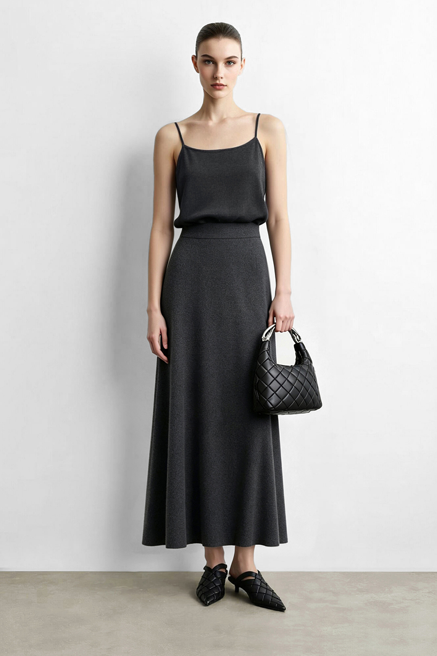 Wide A-Line Knit Midi Skirt | AMII