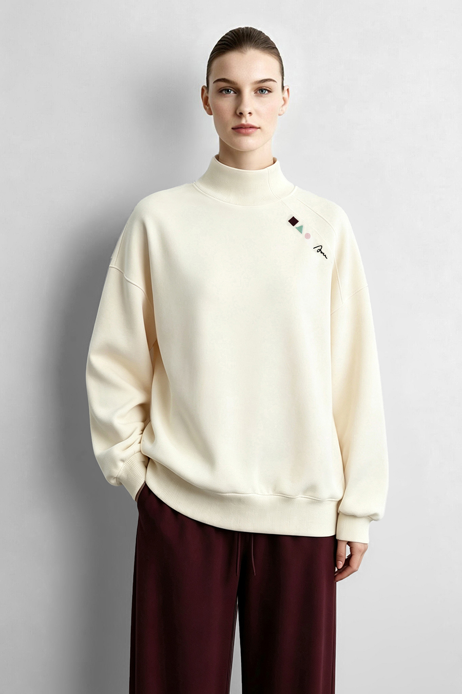 Color‑Block Geometric Embroidery Hoodie|AMII