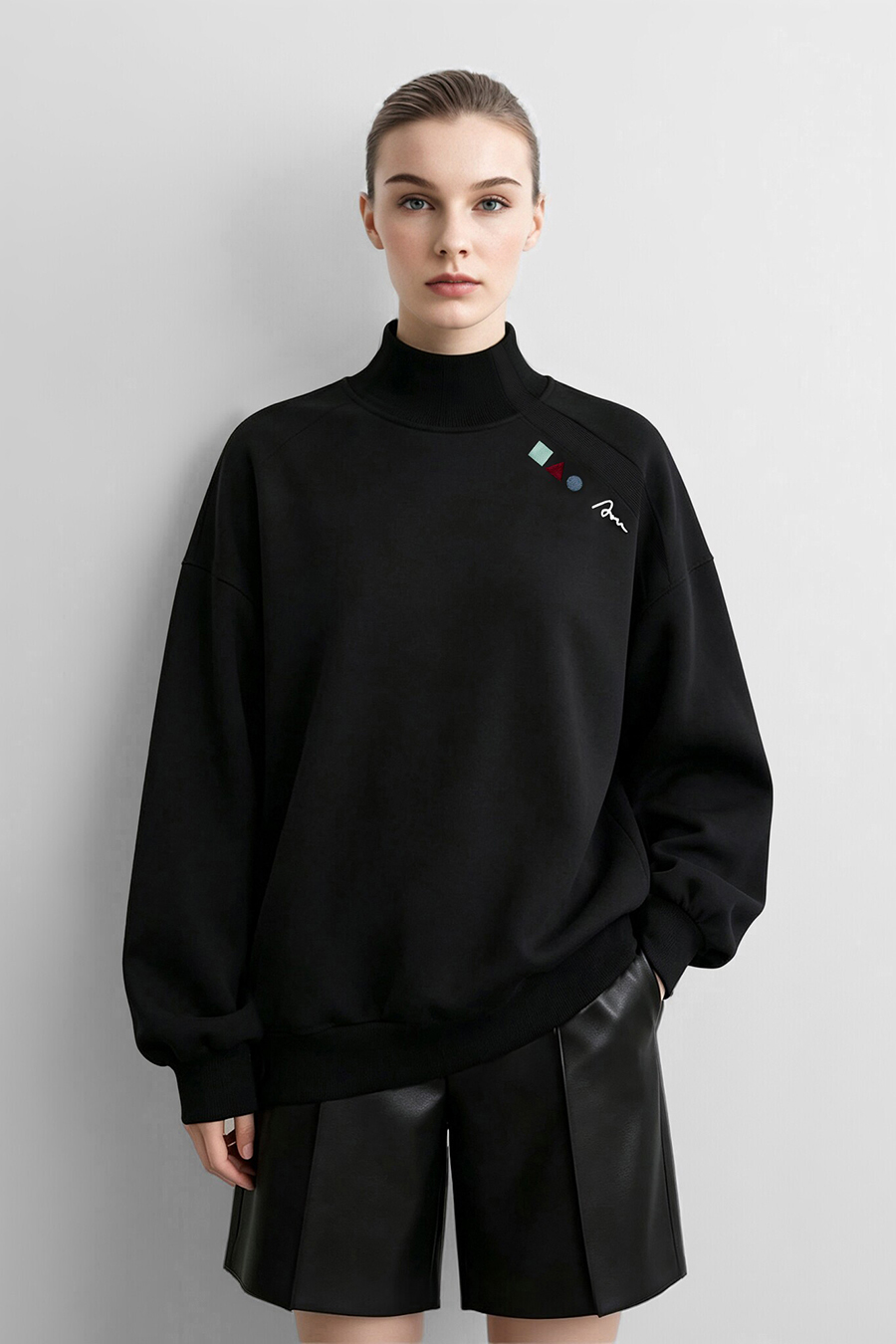 Color‑Block Geometric Embroidery Hoodie|AMII
