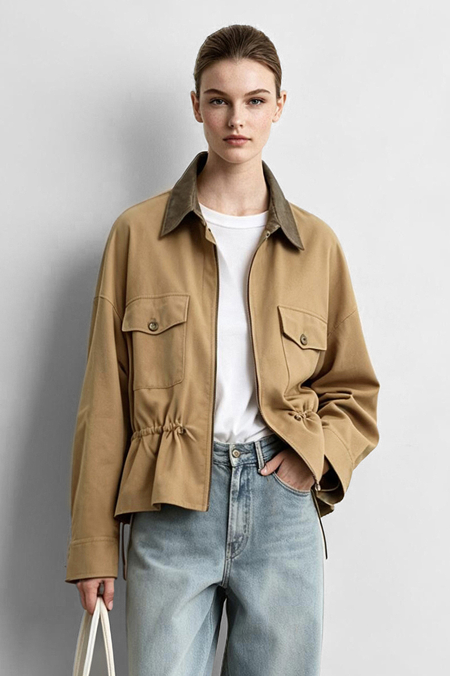 Contrast Leather Collar Zip Jacket | AMII