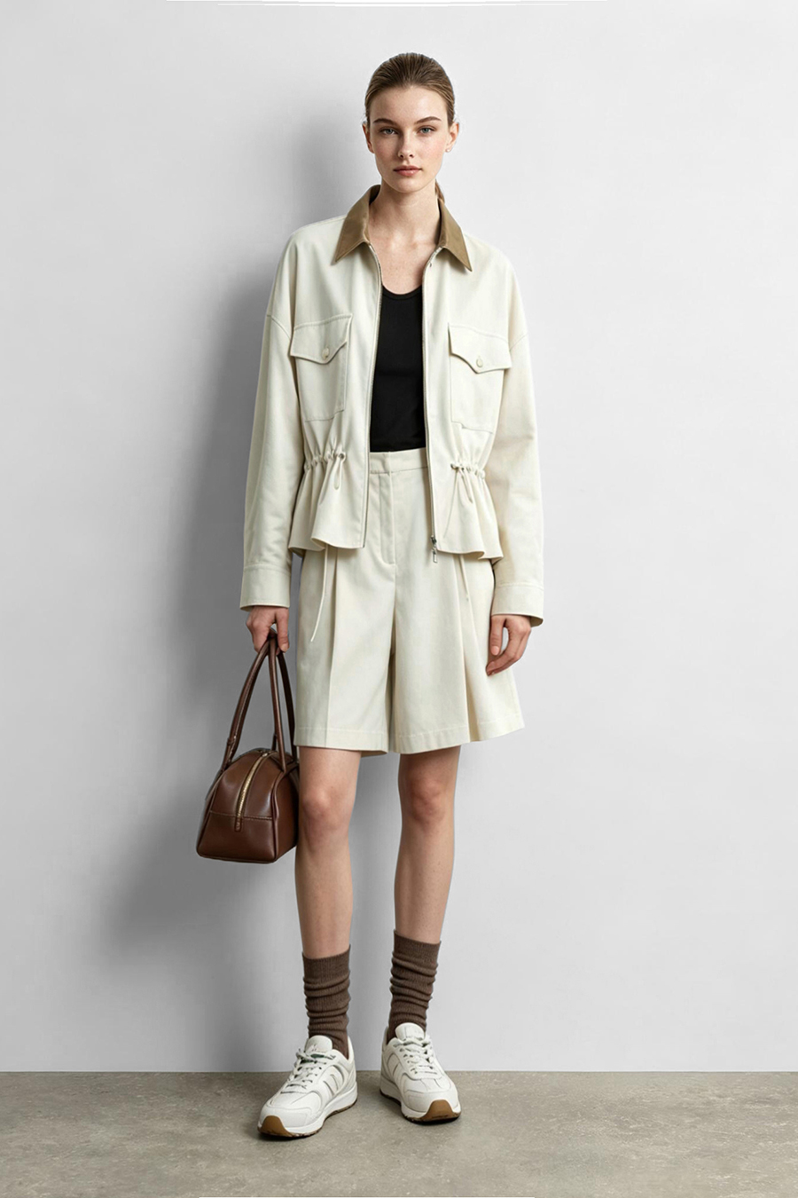 Contrast Leather Collar Zip Jacket | AMII