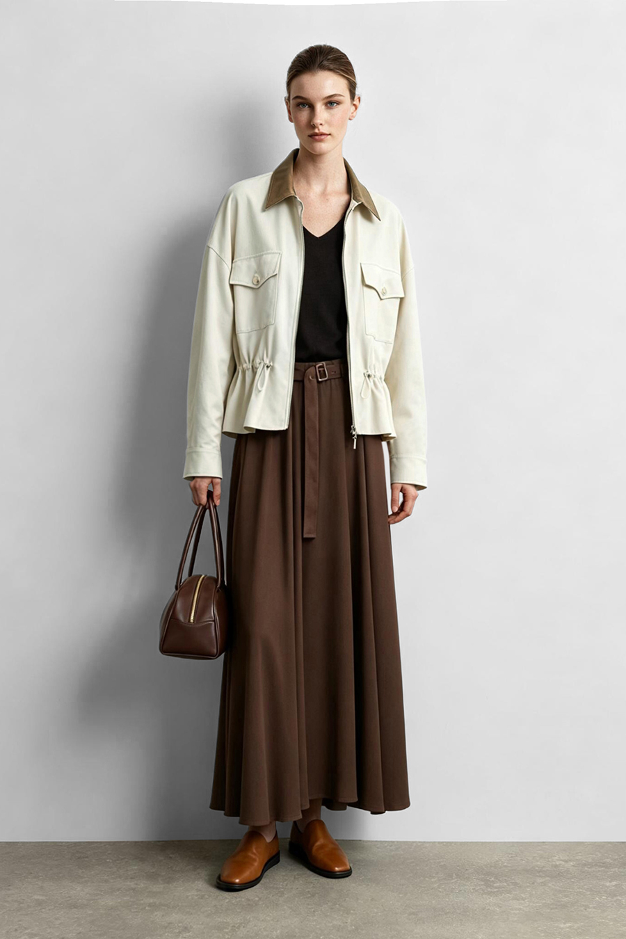 Contrast Leather Collar Zip Jacket | AMII