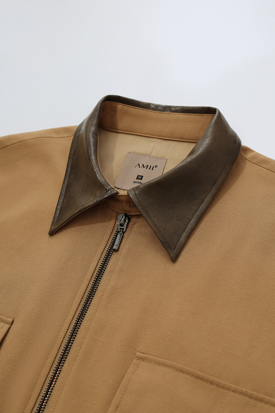 Contrast Leather Collar Zip Jacket | AMII