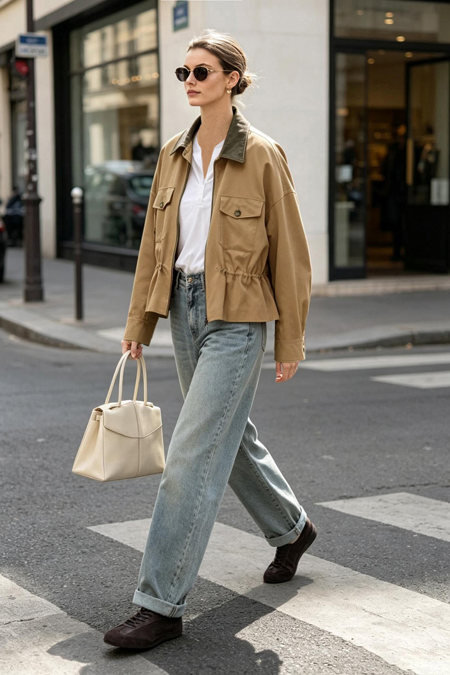 Contrast Leather Collar Zip Jacket | AMII