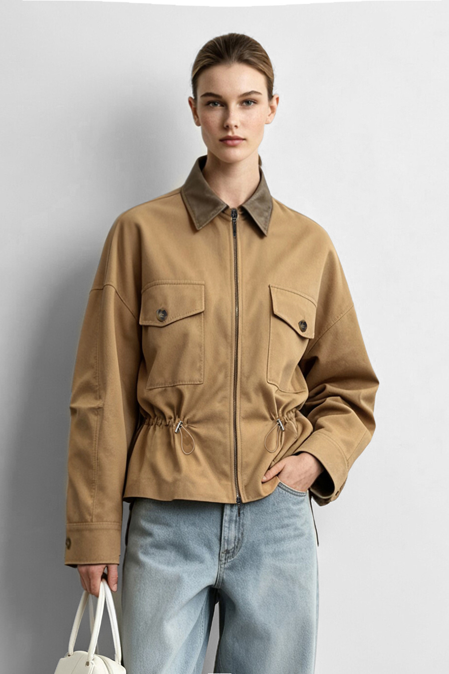Contrast Leather Collar Zip Jacket | AMII