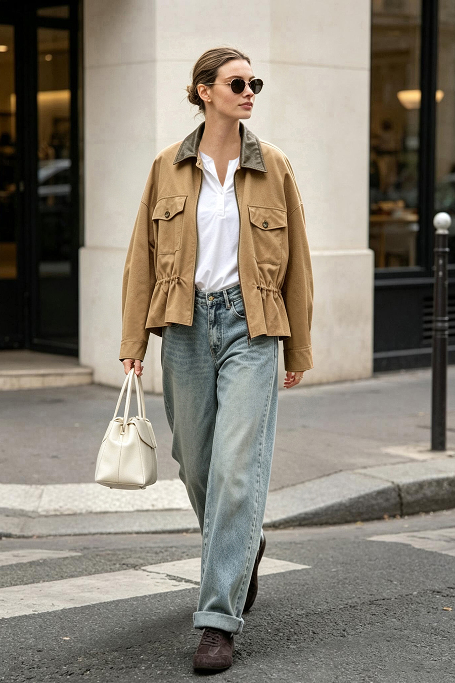 Contrast Leather Collar Zip Jacket | AMII
