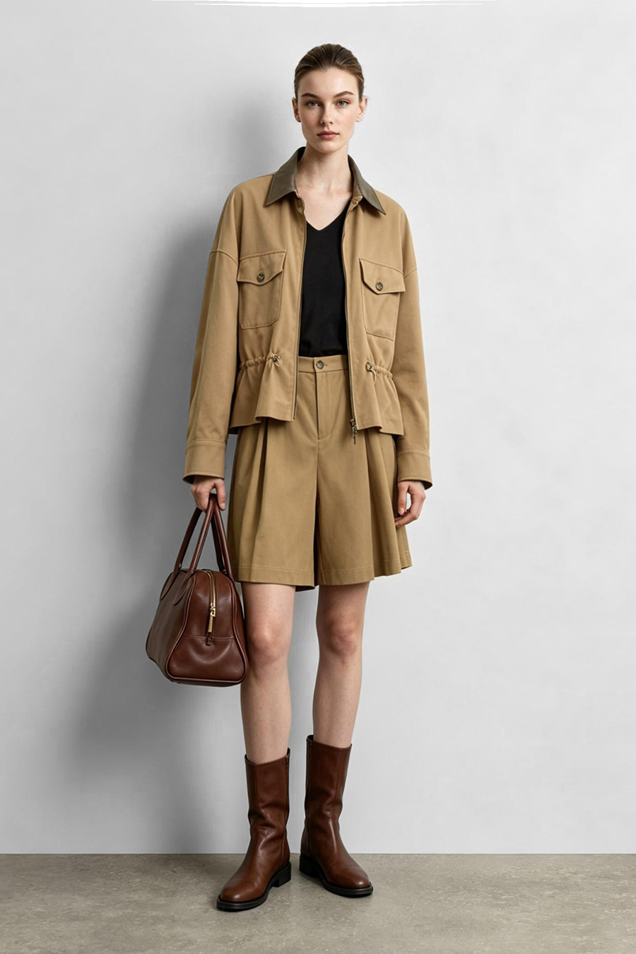 Contrast Leather Collar Zip Jacket | AMII