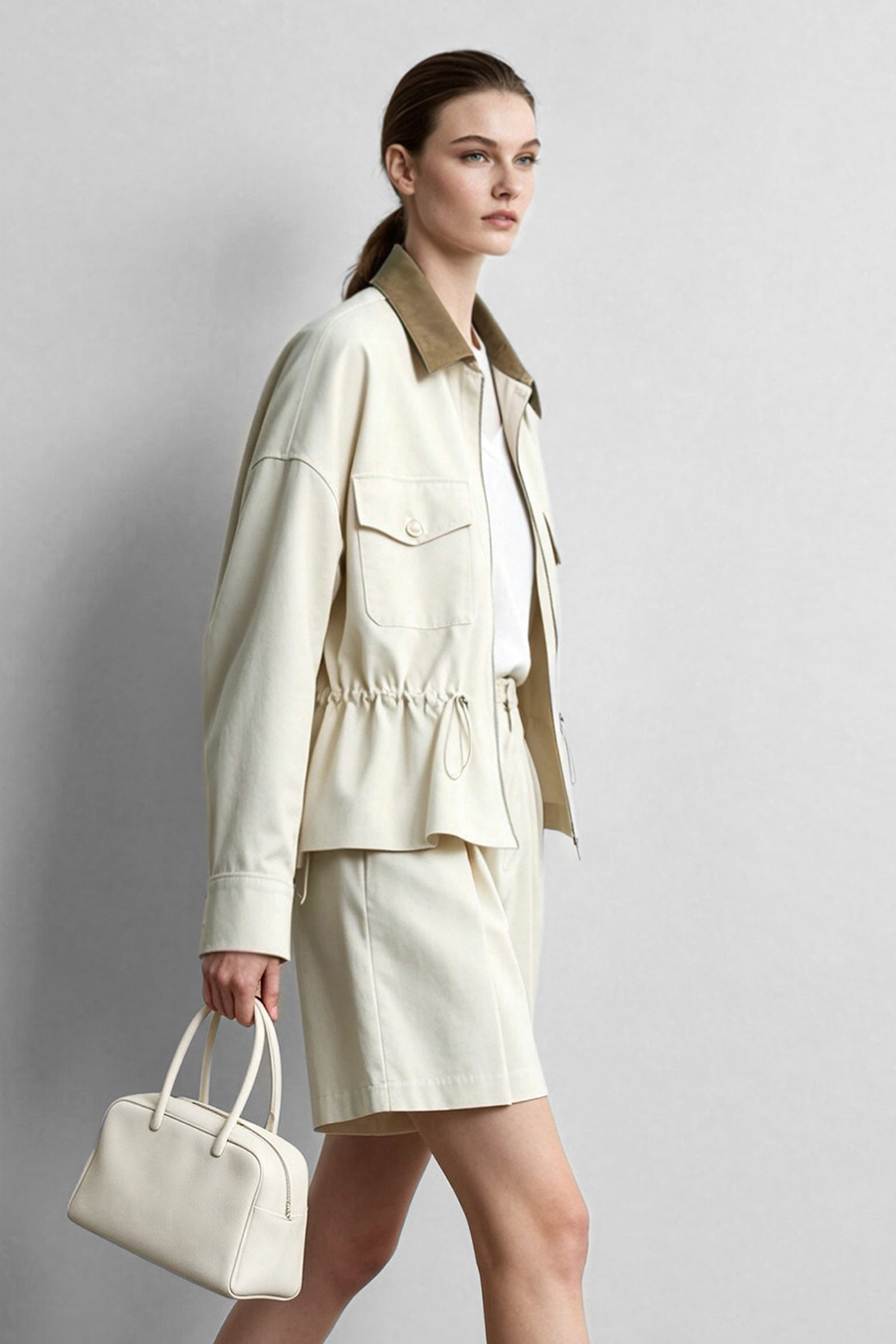 Contrast Leather Collar Zip Jacket | AMII