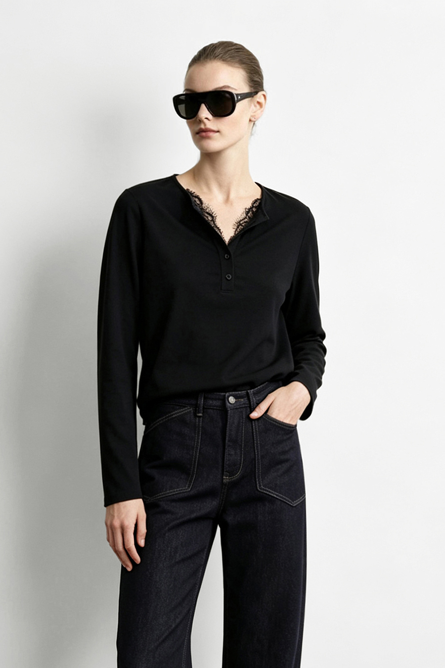 Half Placket Lace Spliced T-Shirt | AMII
