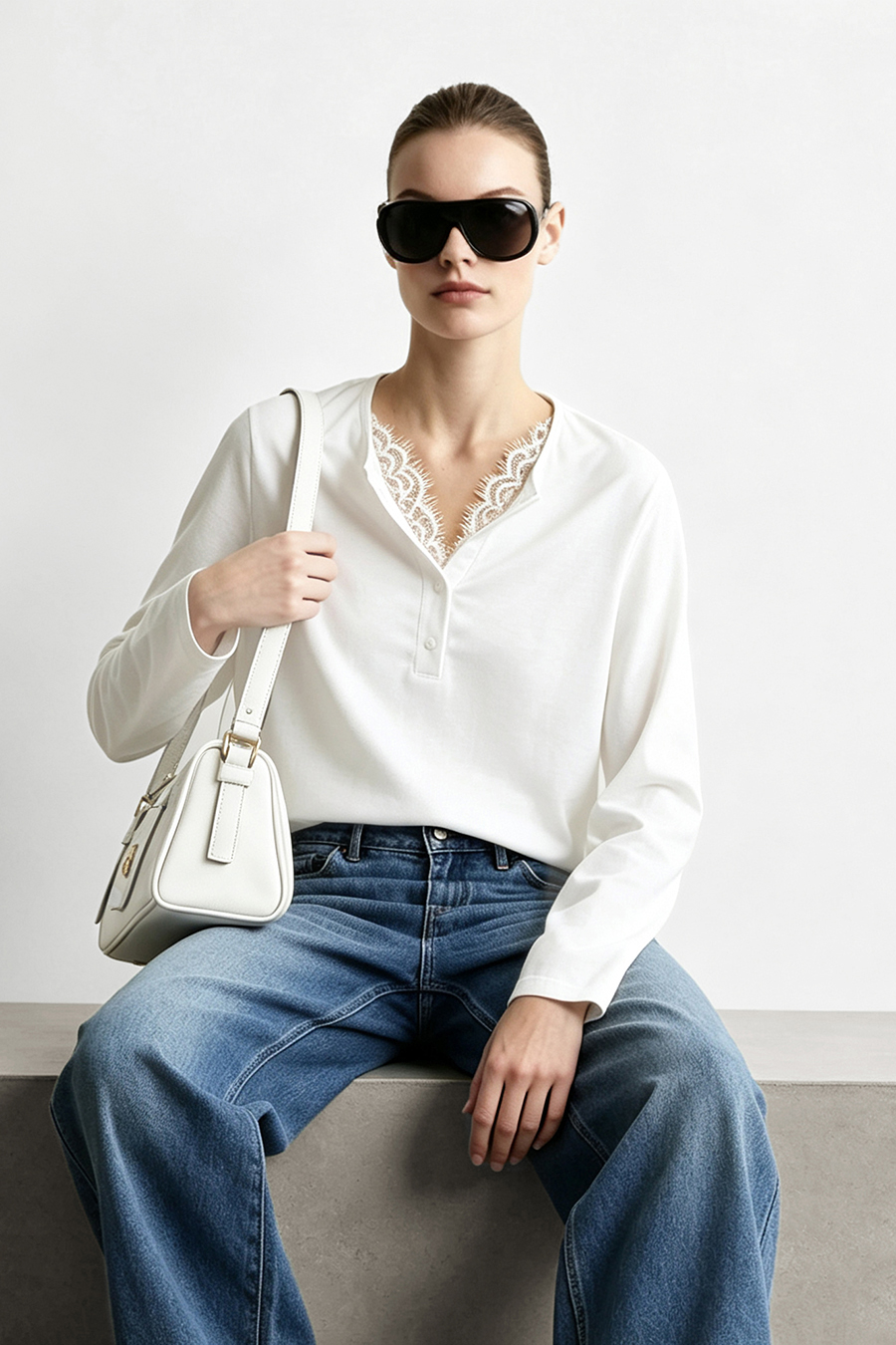 Half Placket Lace Spliced T-Shirt | AMII