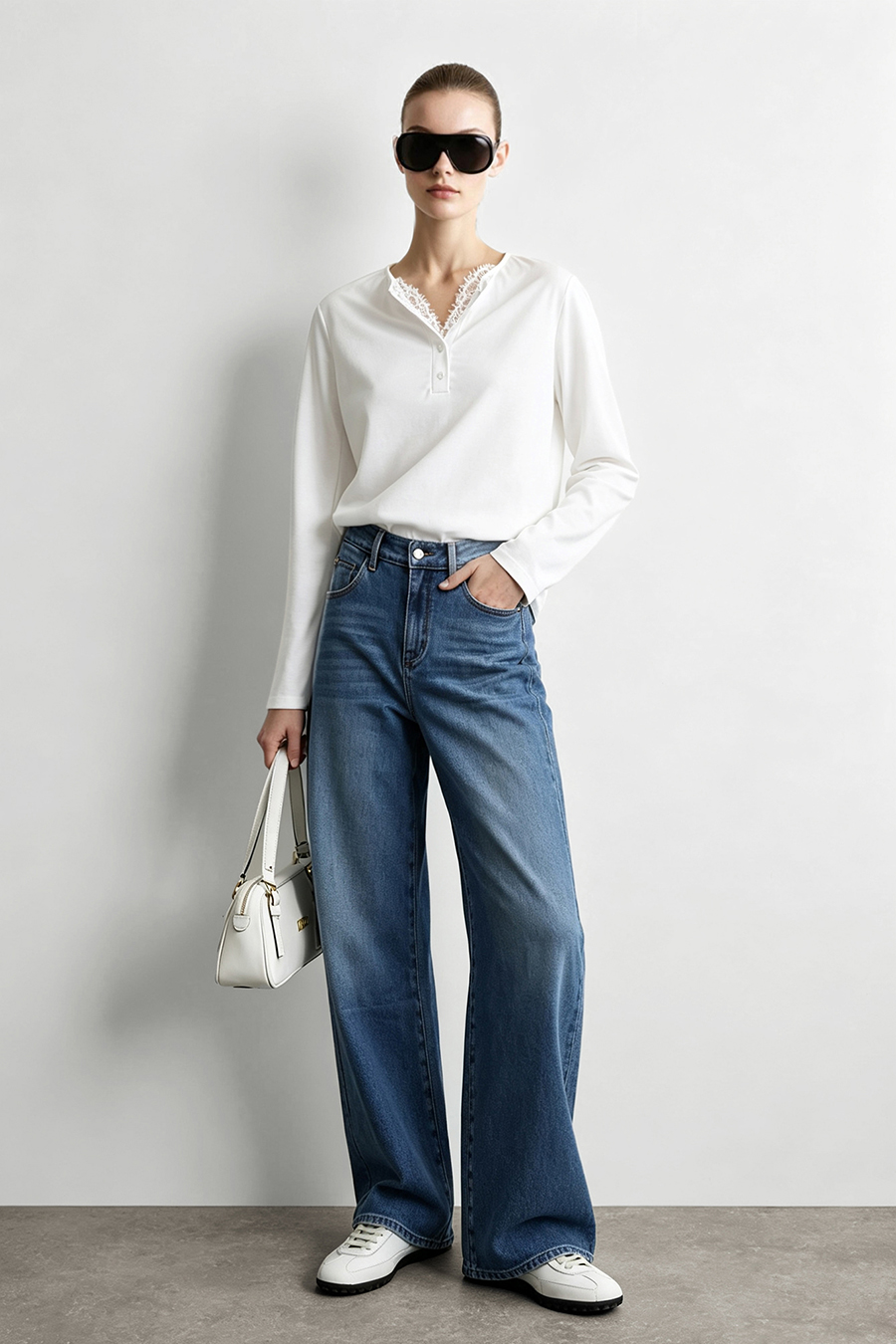 Half Placket Lace Spliced T-Shirt | AMII