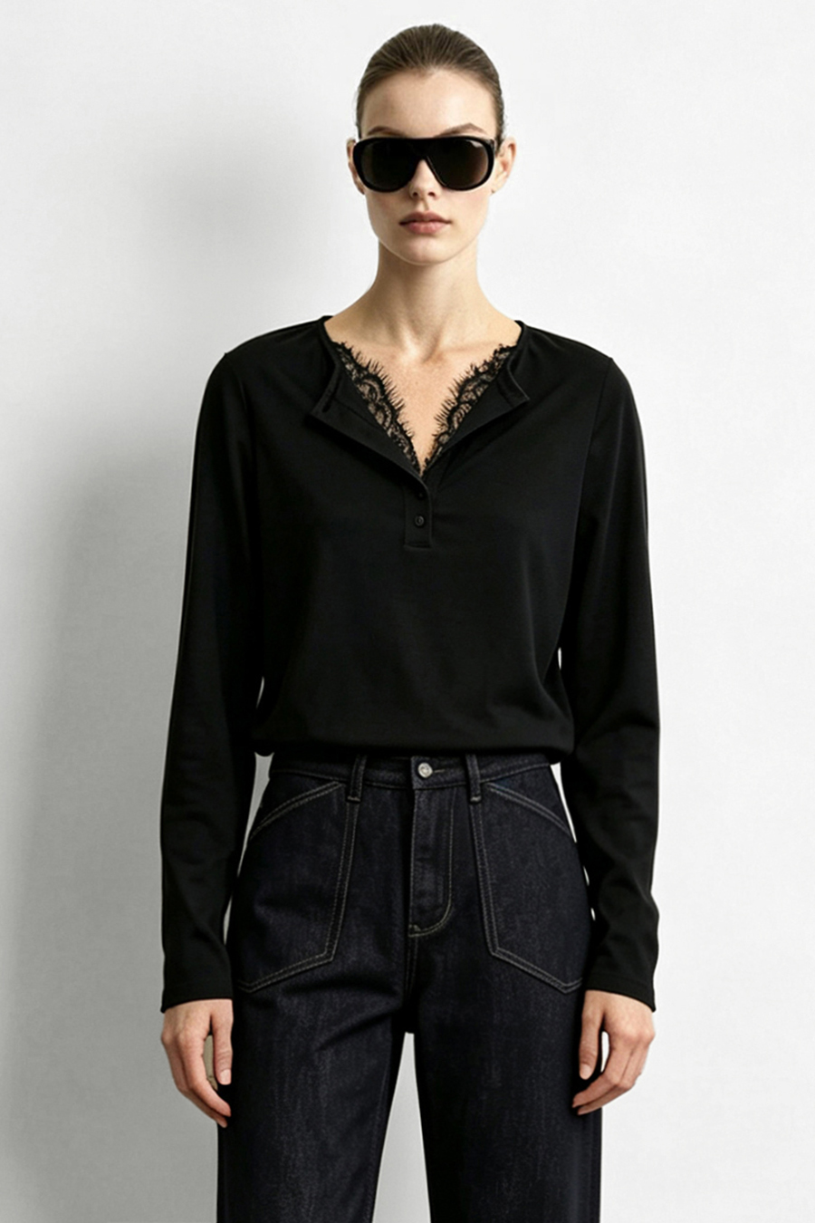 Half Placket Lace Spliced T-Shirt | AMII