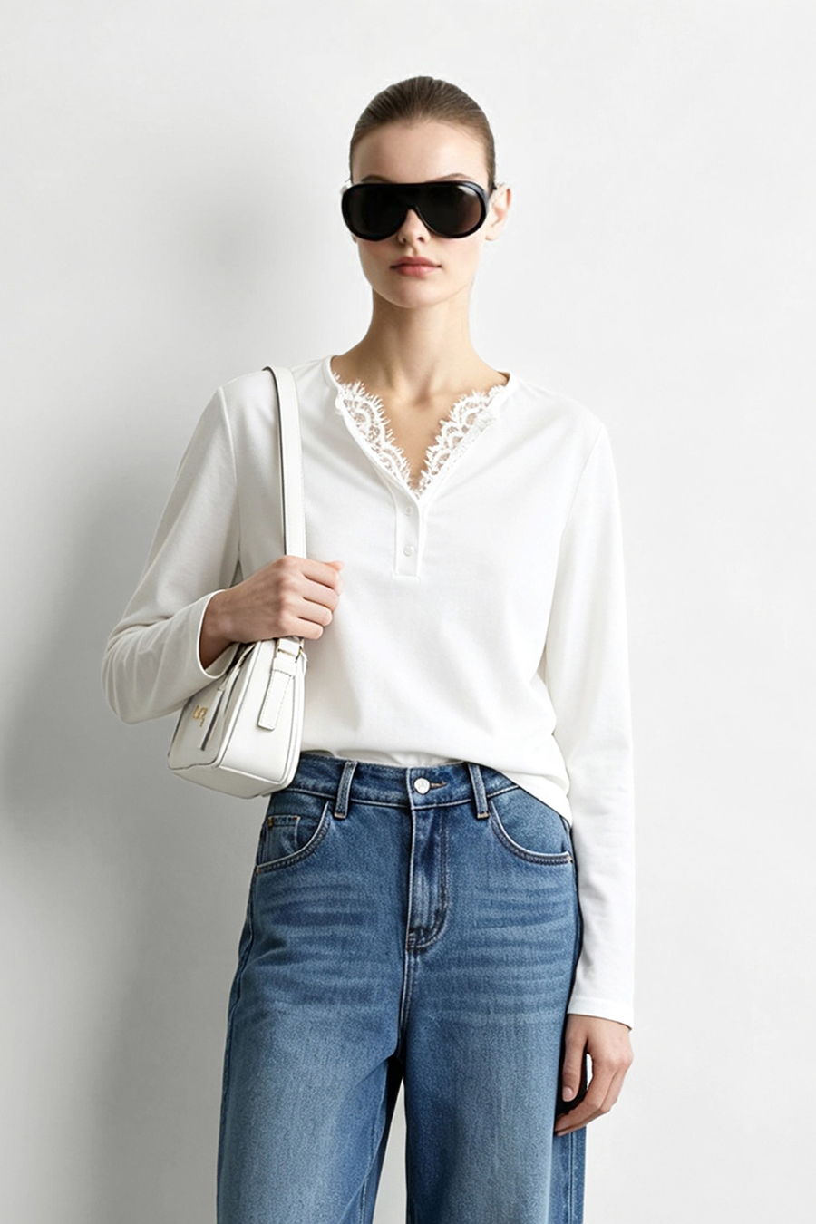 Half Placket Lace Spliced T-Shirt | AMII
