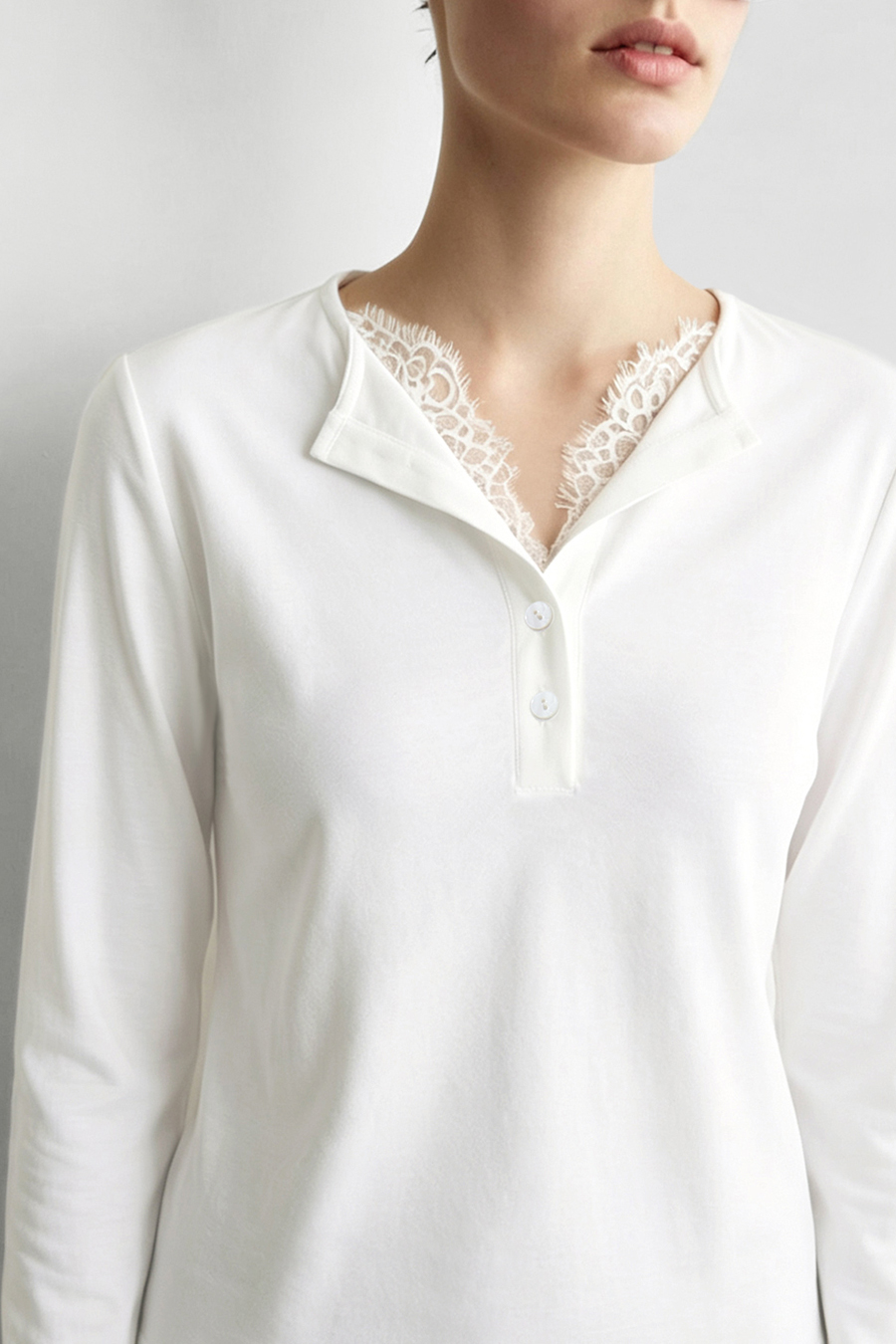 Half Placket Lace Spliced T-Shirt | AMII