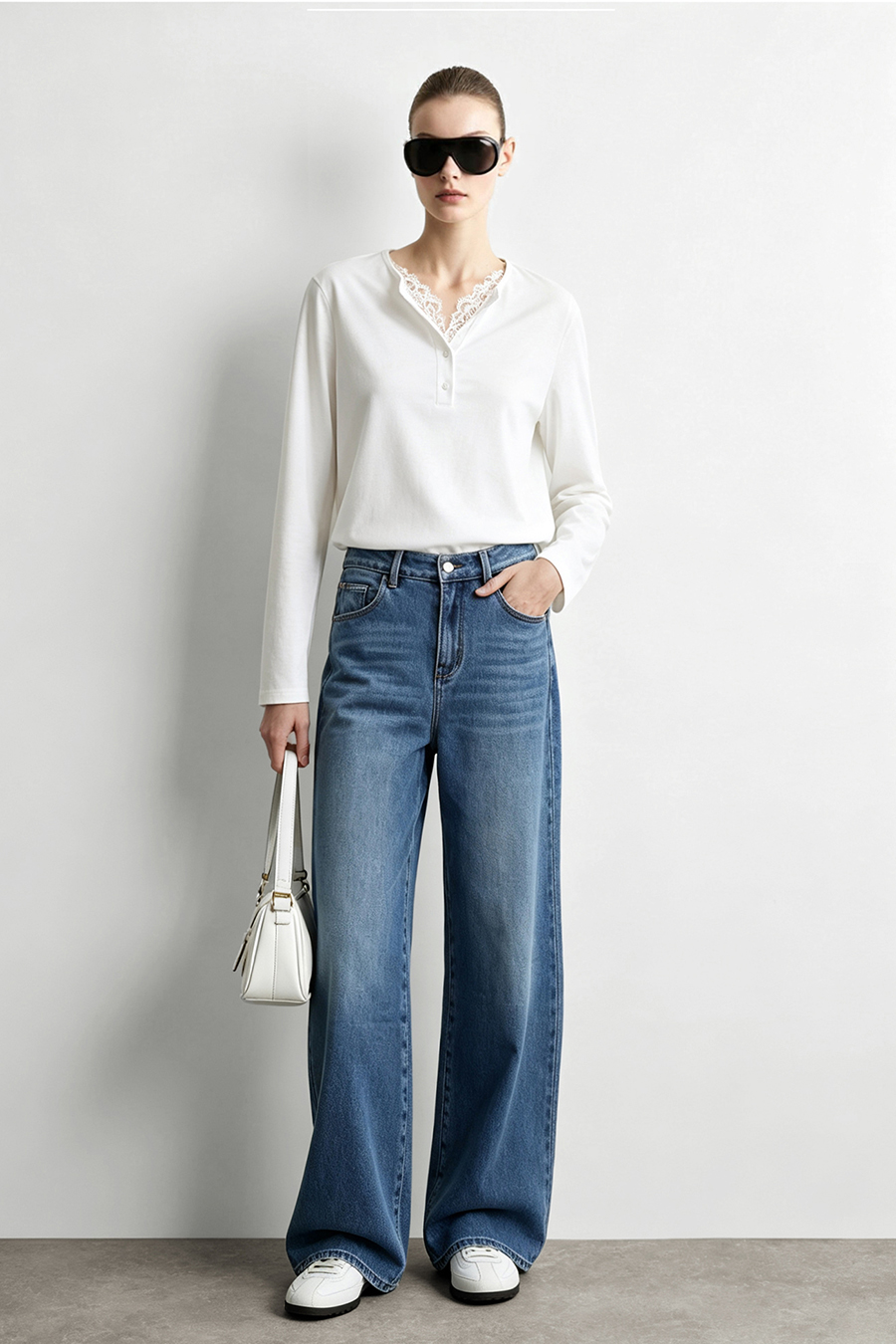Half Placket Lace Spliced T-Shirt | AMII