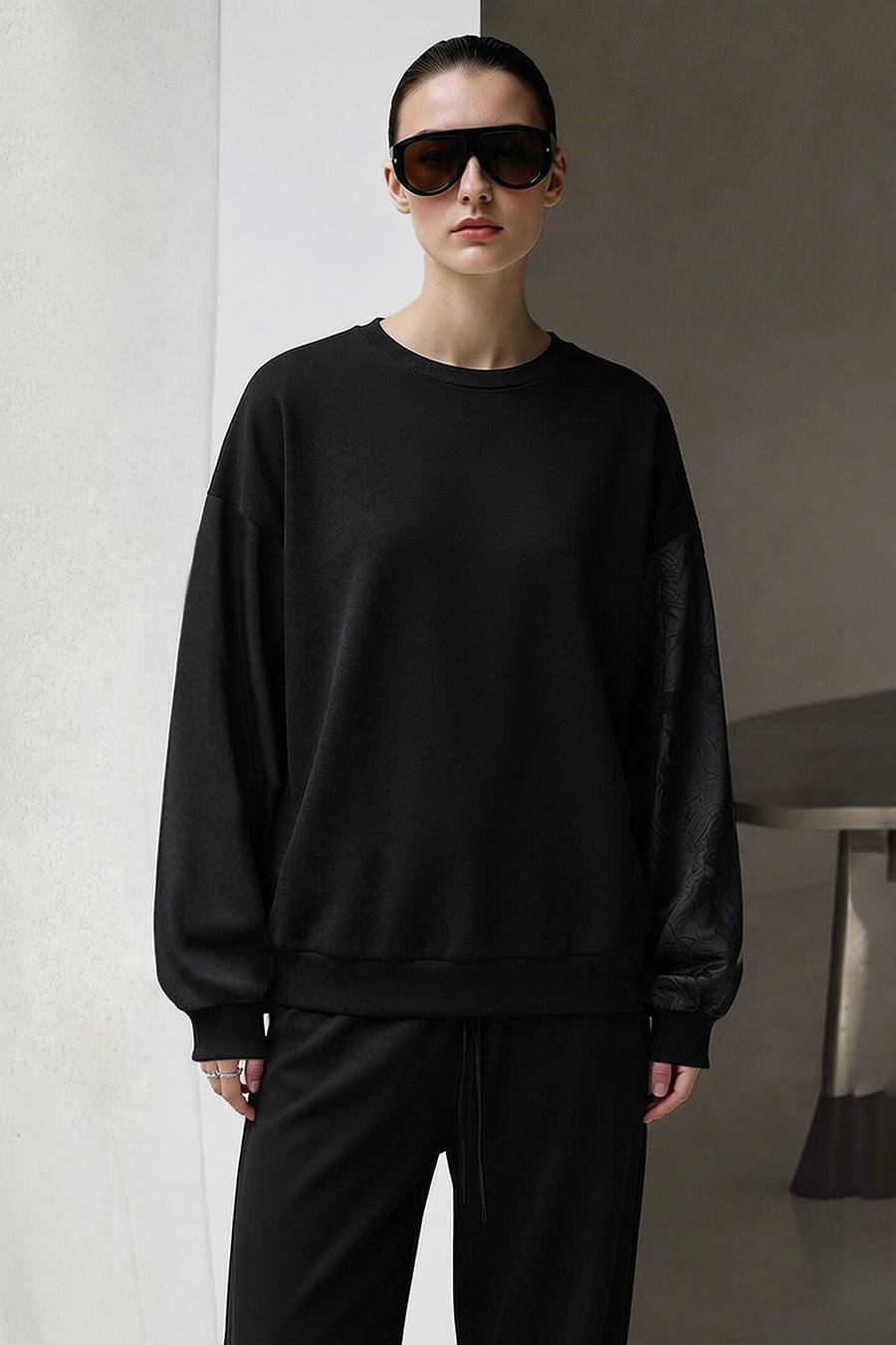 100% Cotton Jacquard Spliced Sweatshirt | AMII