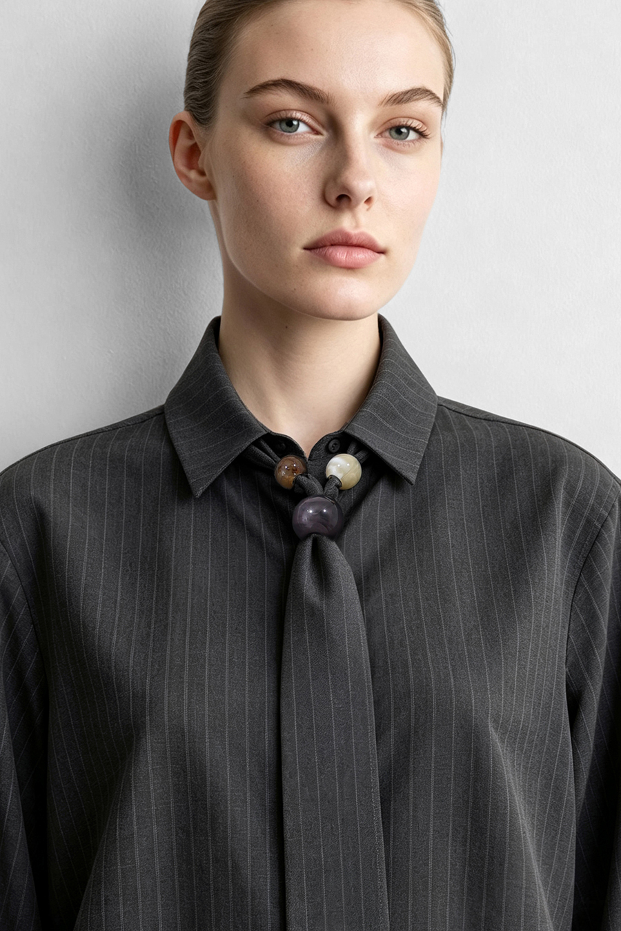 Striped Shirt with Beaded Tie | AMII