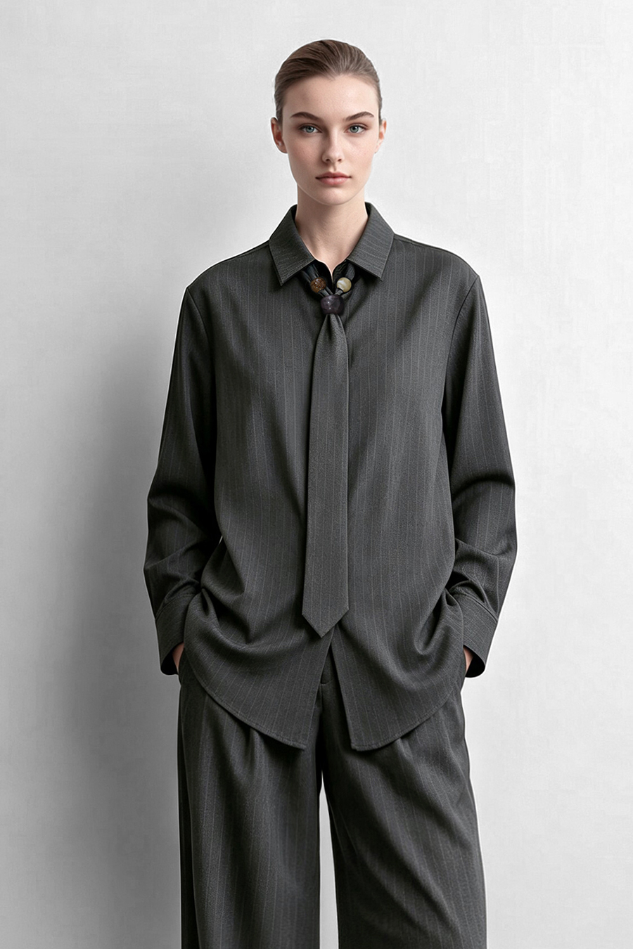 Striped Shirt with Beaded Tie | AMII