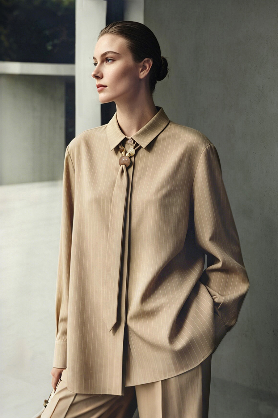 Striped Shirt with Beaded Tie | AMII