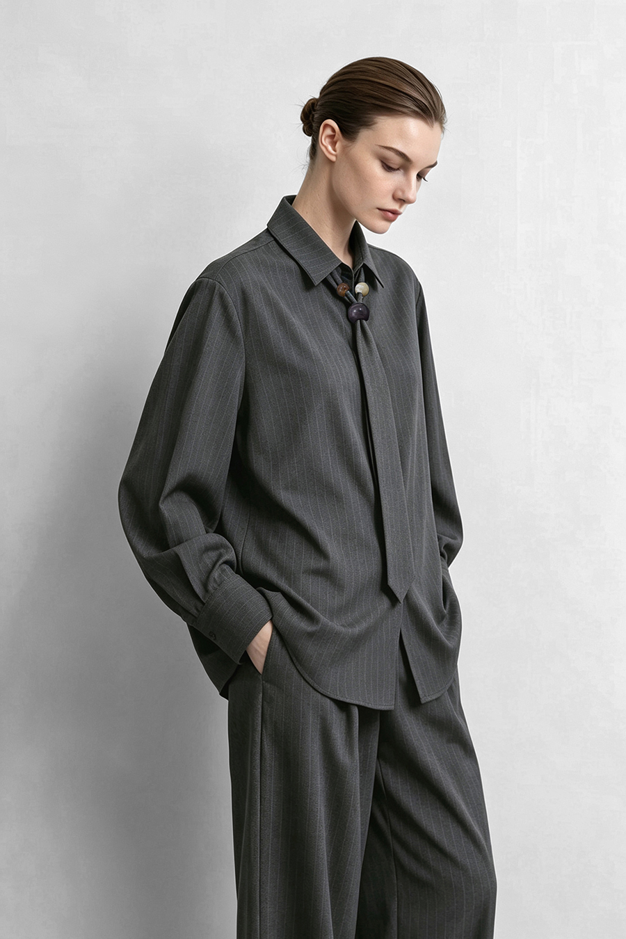 Striped Shirt with Beaded Tie | AMII