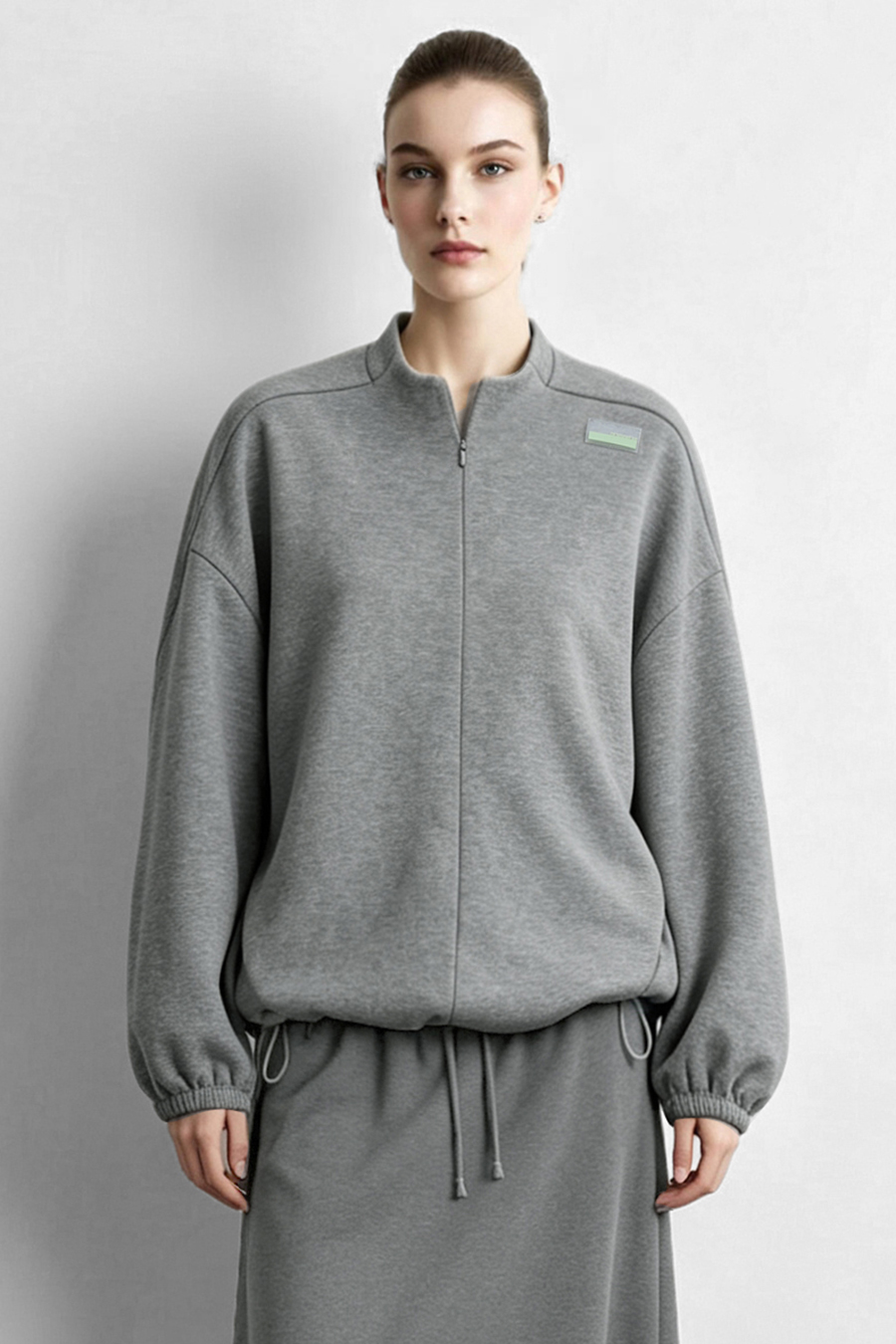 Stand Collar Zip Up Drawstring Hem Sweatshirt Jacket | AMII