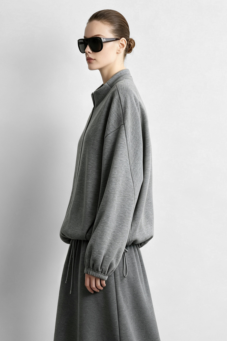 Stand Collar Zip Up Drawstring Hem Sweatshirt Jacket | AMII