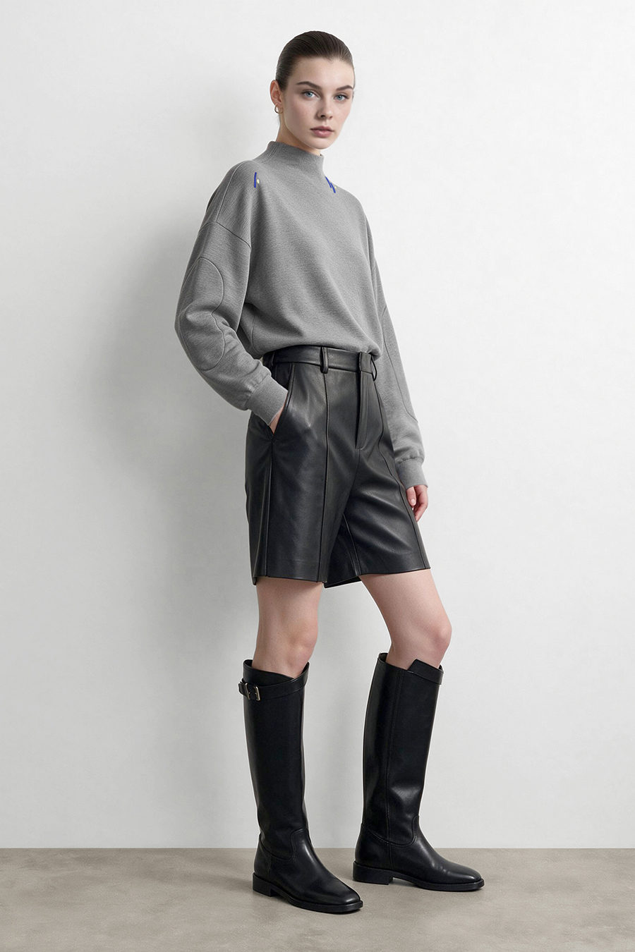 Color‑contrast embroidered drop‑shoulder hoodie|AMII