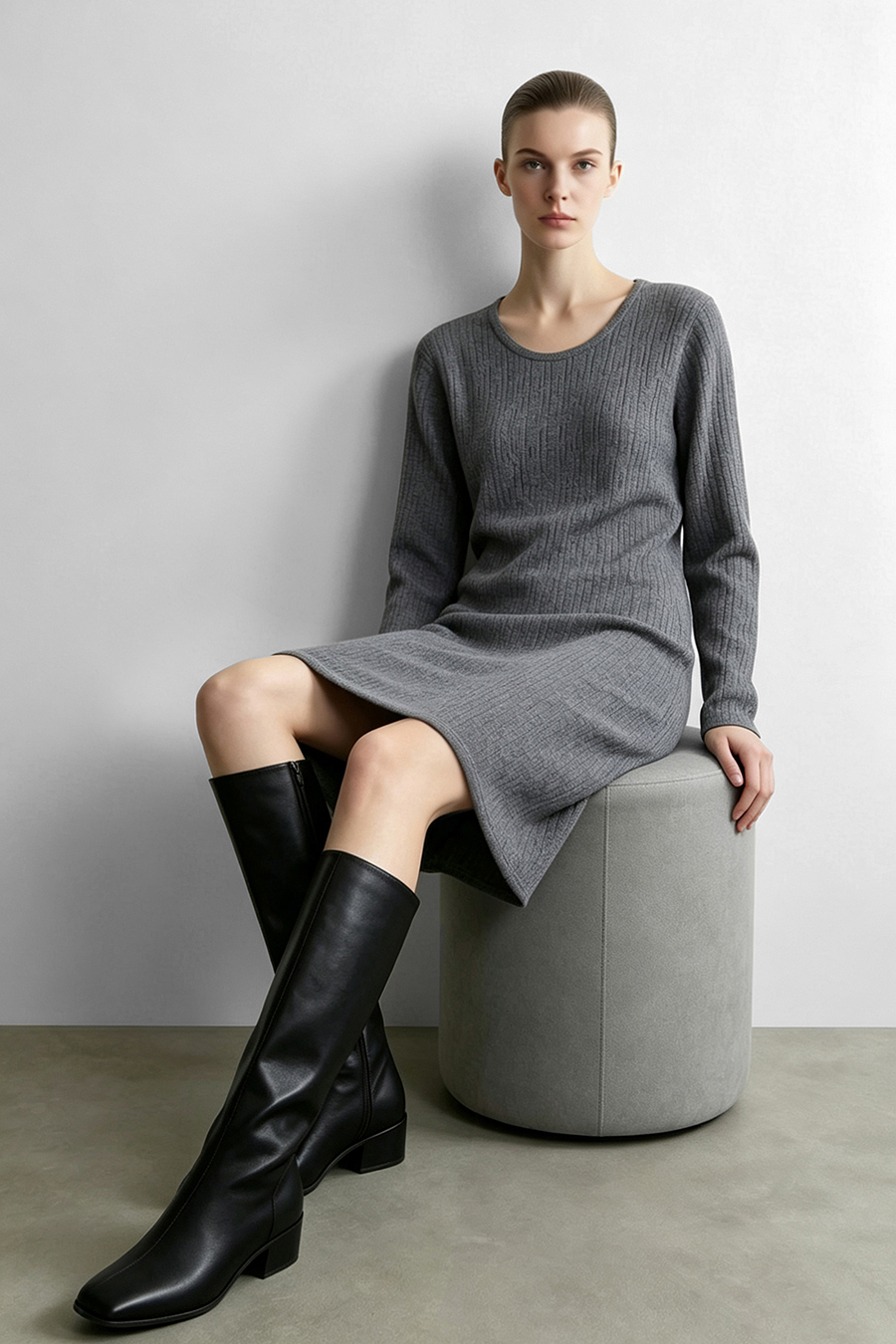 Round U-Neck Knit Dress|AMII