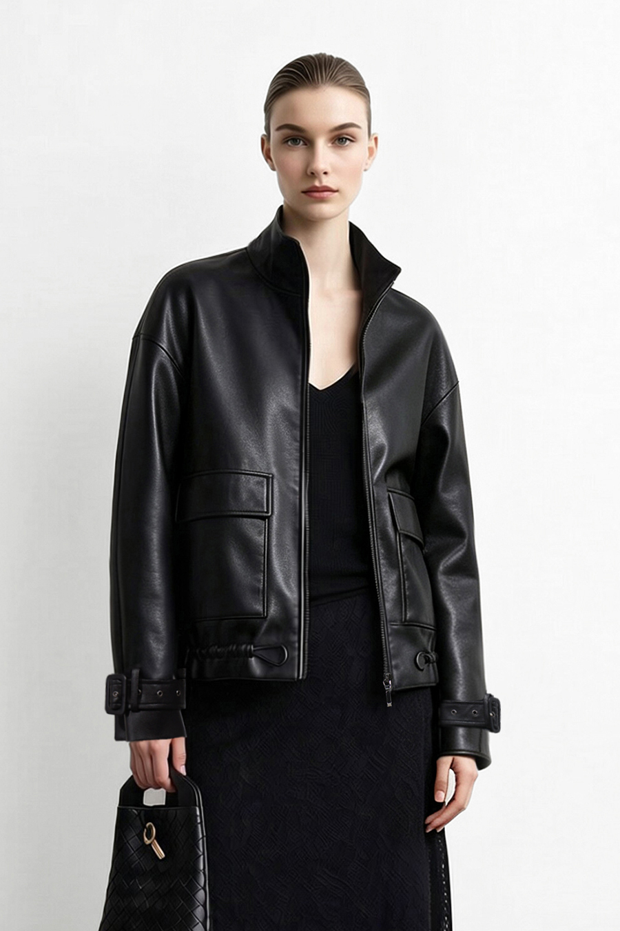 High-Neck Leather Jacket with Cargo Pockets|AMII