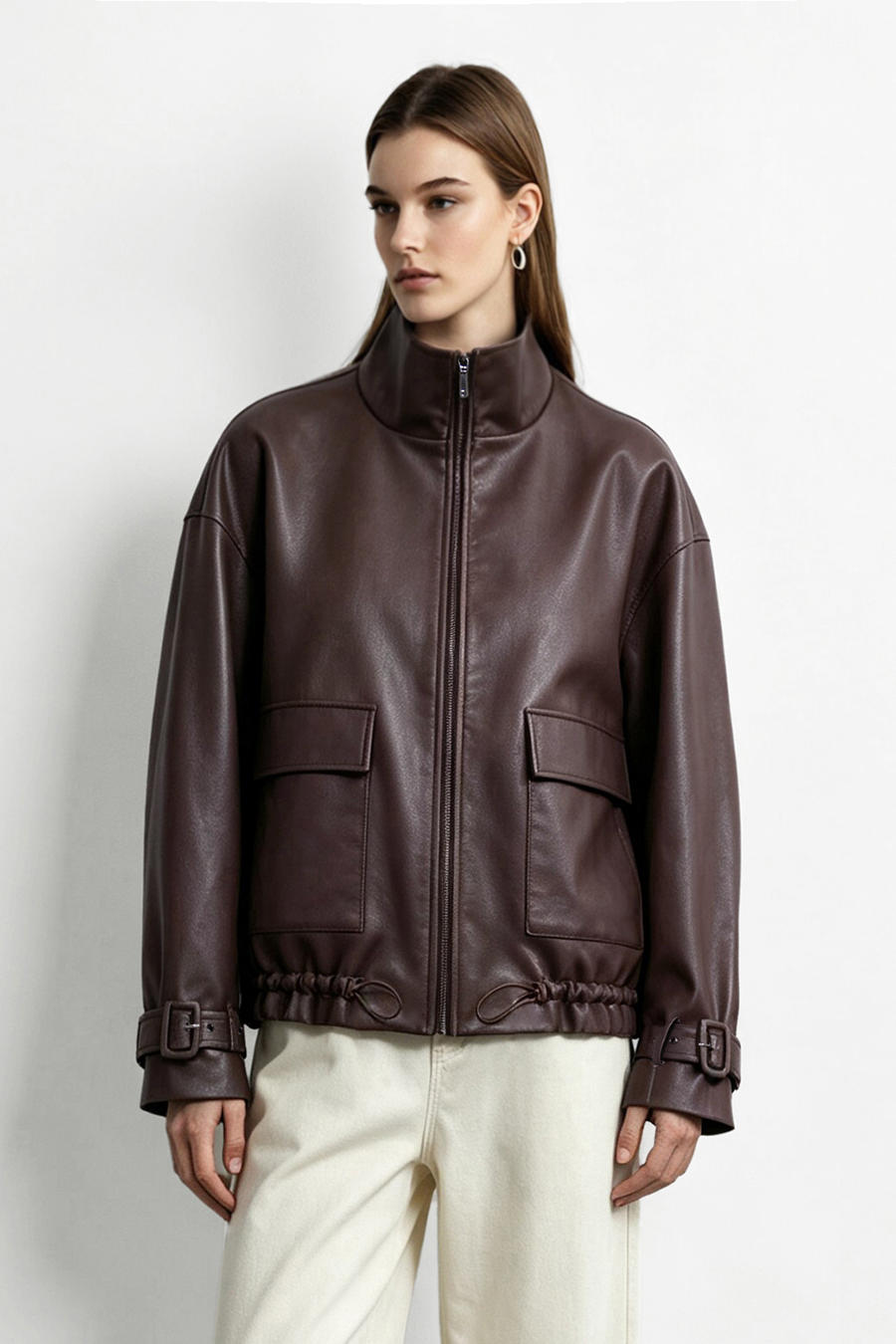 High-Neck Leather Jacket with Cargo Pockets|AMII