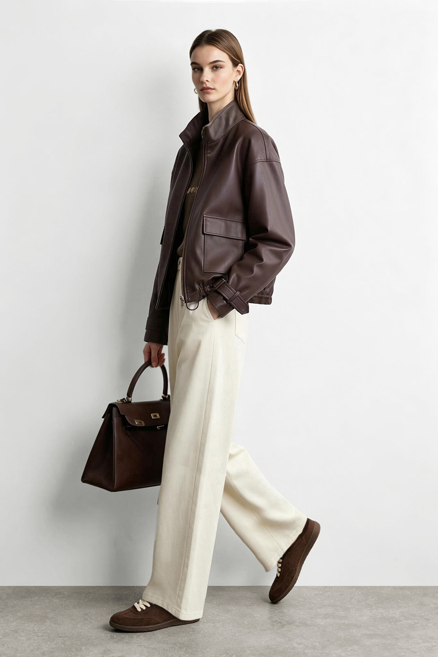High-Neck Leather Jacket with Cargo Pockets|AMII