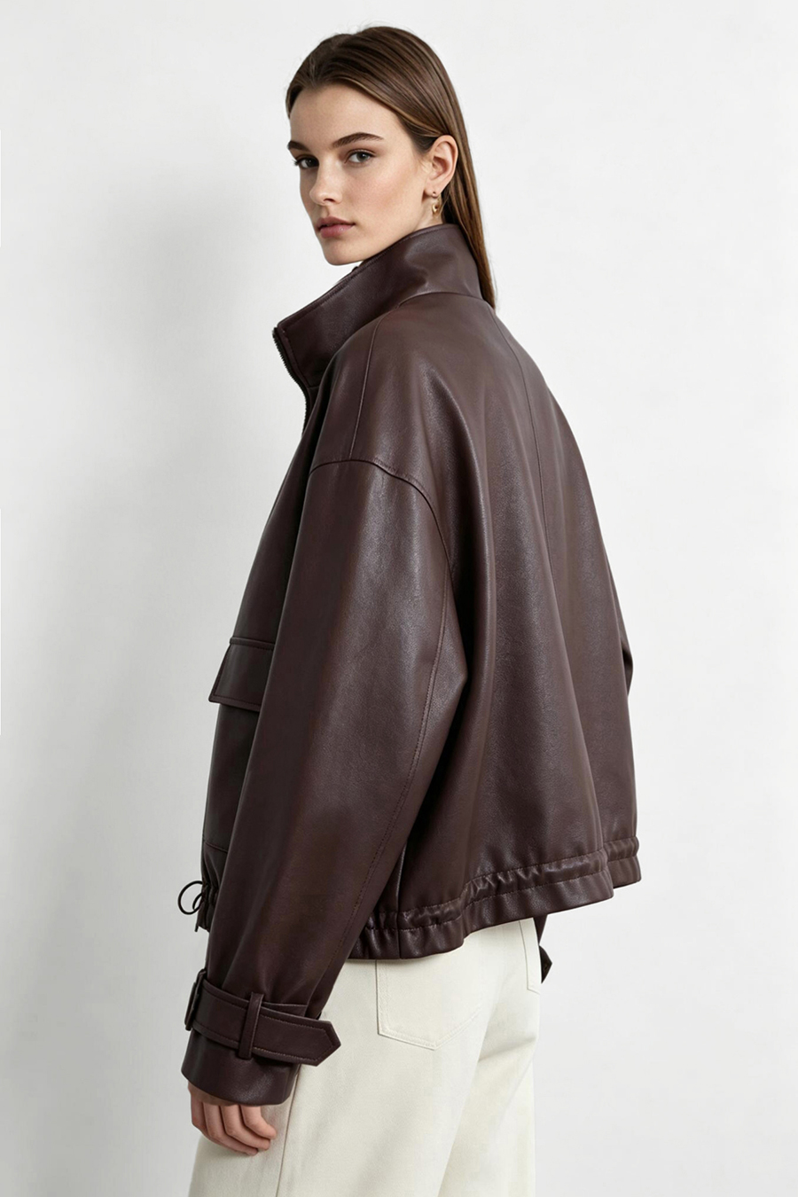 High-Neck Leather Jacket with Cargo Pockets|AMII