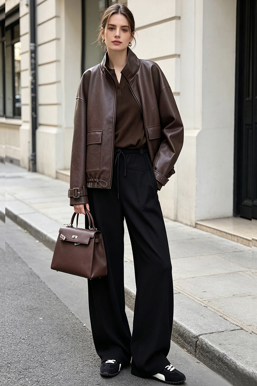 High-Neck Leather Jacket with Cargo Pockets|AMII