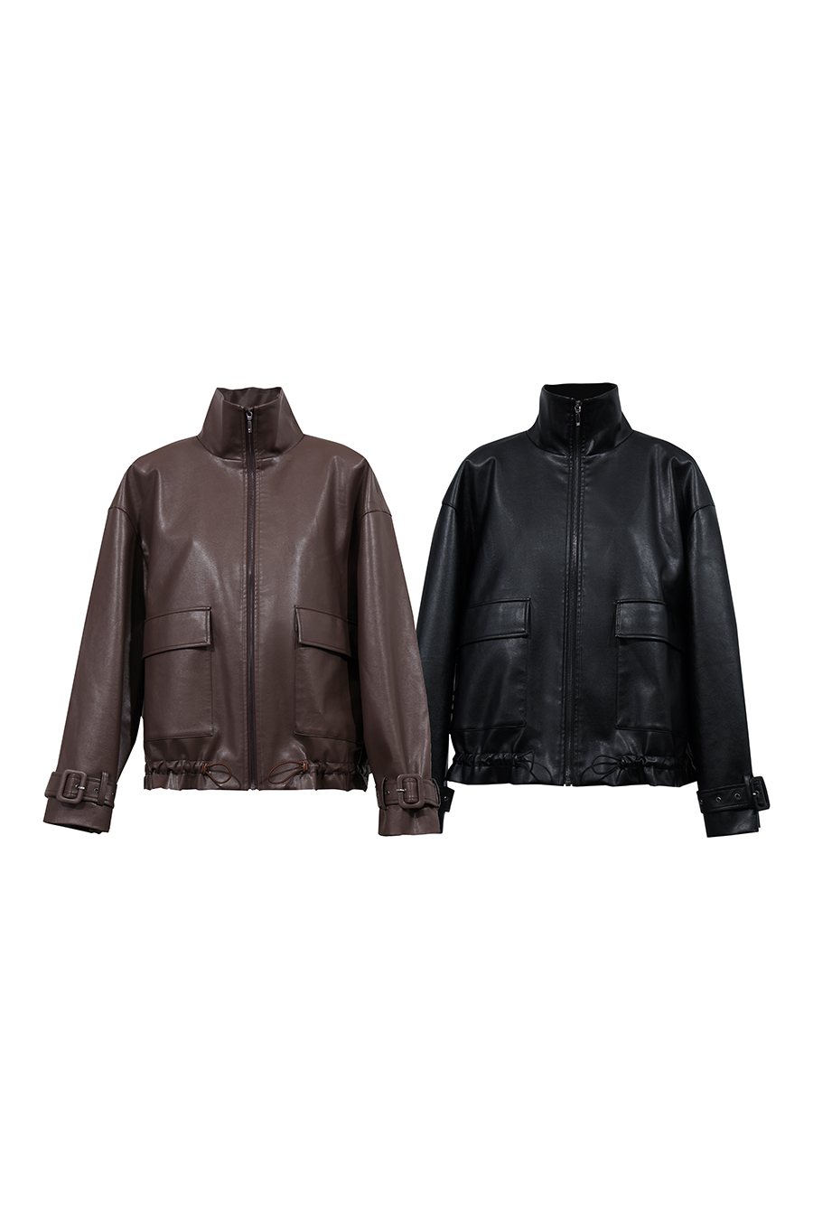 High-Neck Leather Jacket with Cargo Pockets|AMII