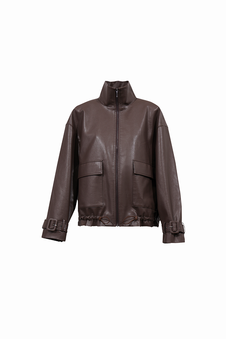 High-Neck Leather Jacket with Cargo Pockets|AMII